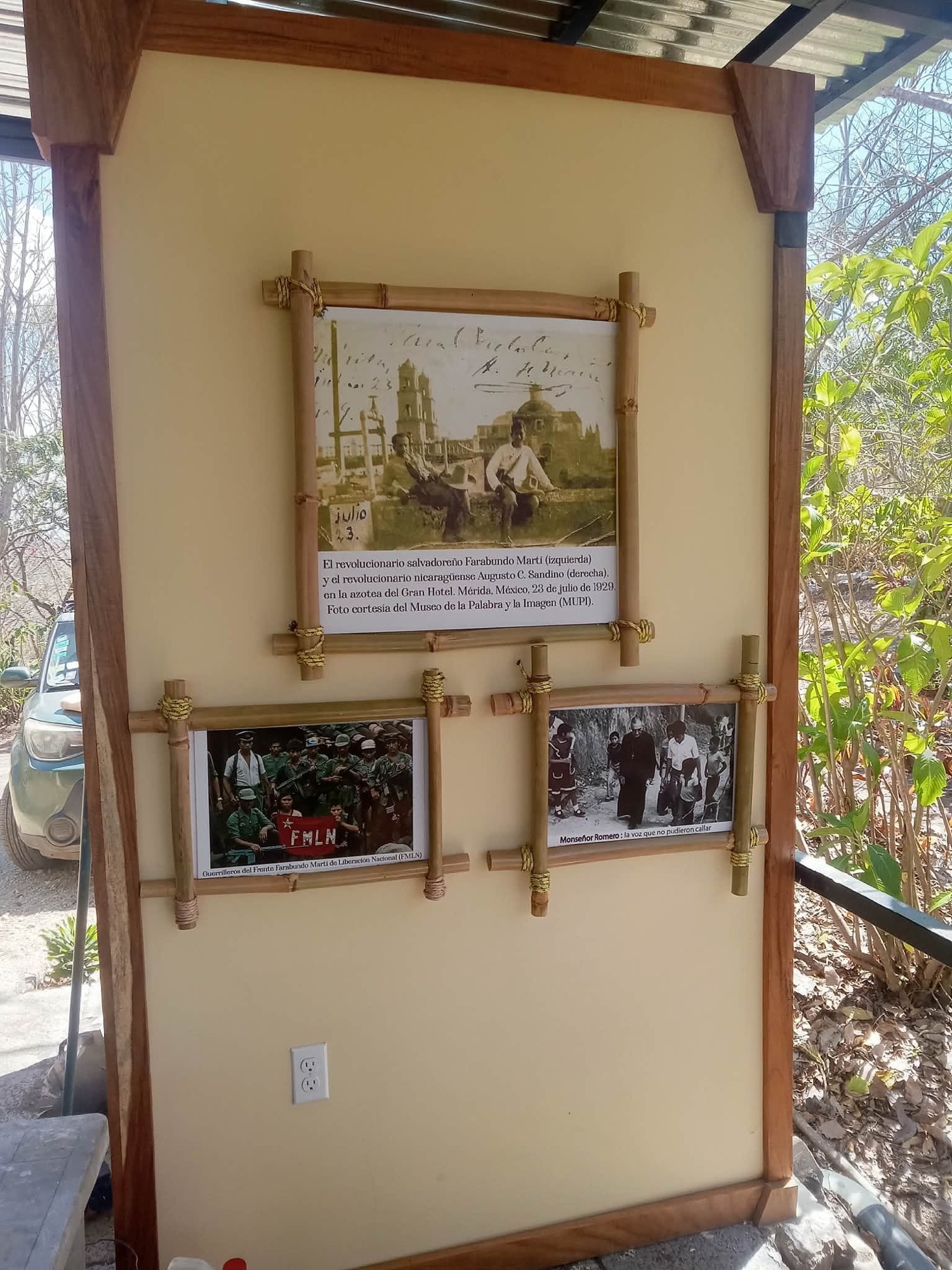 A tribute to Central American heroes, being assembled in the café