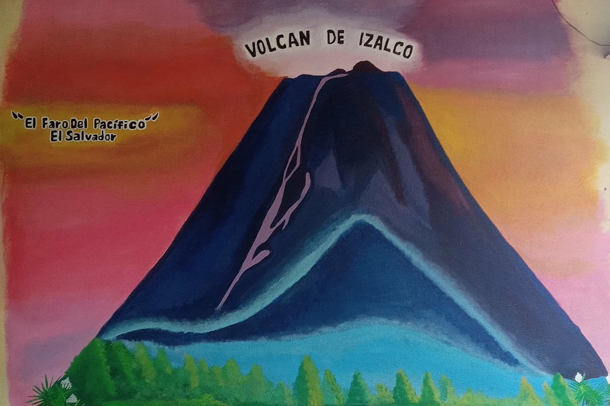 Mural of Volcán de Izalco, hand-painted by a local campesino artist